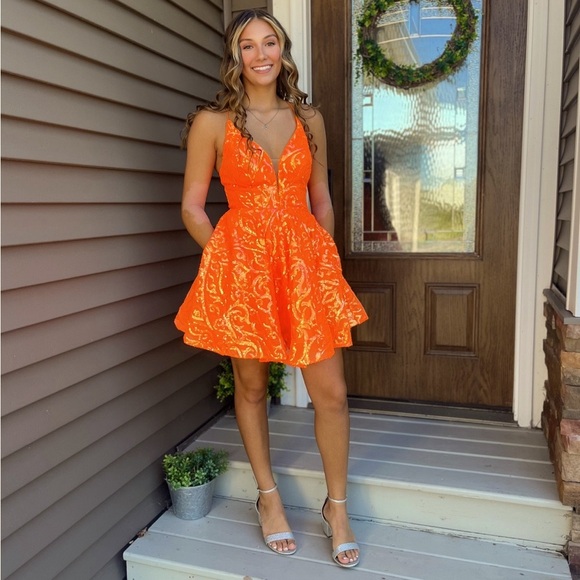 Vibrant Orange Sequin Homecoming Dress - Picture 1 of 6